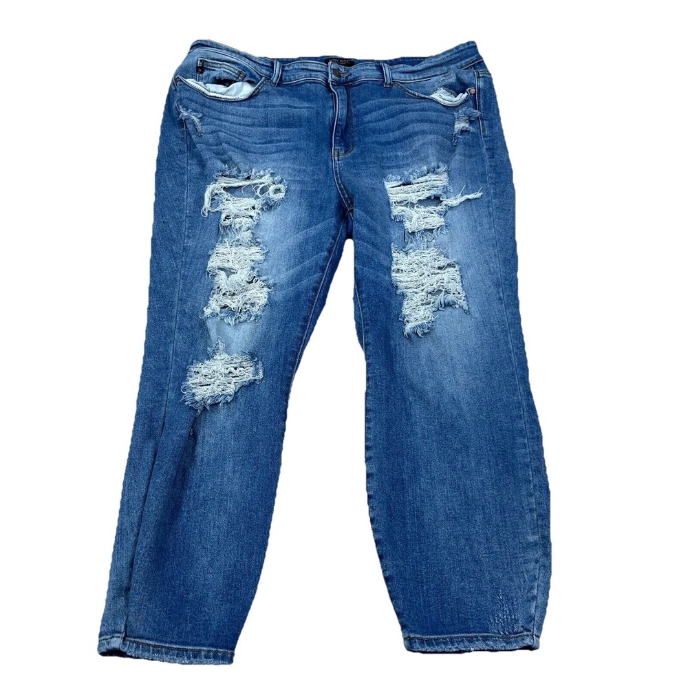 Judy Blue Jeans Women 22W Boyfriend Fit Med Wash Faded Pants Stretch Ripped Hole